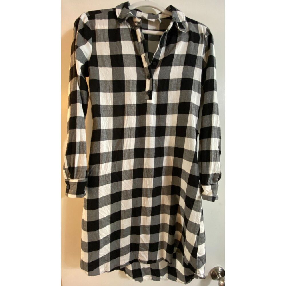 Place Plaid Black and White Long Sleeve Collared Flannel Dress Women's Size XS